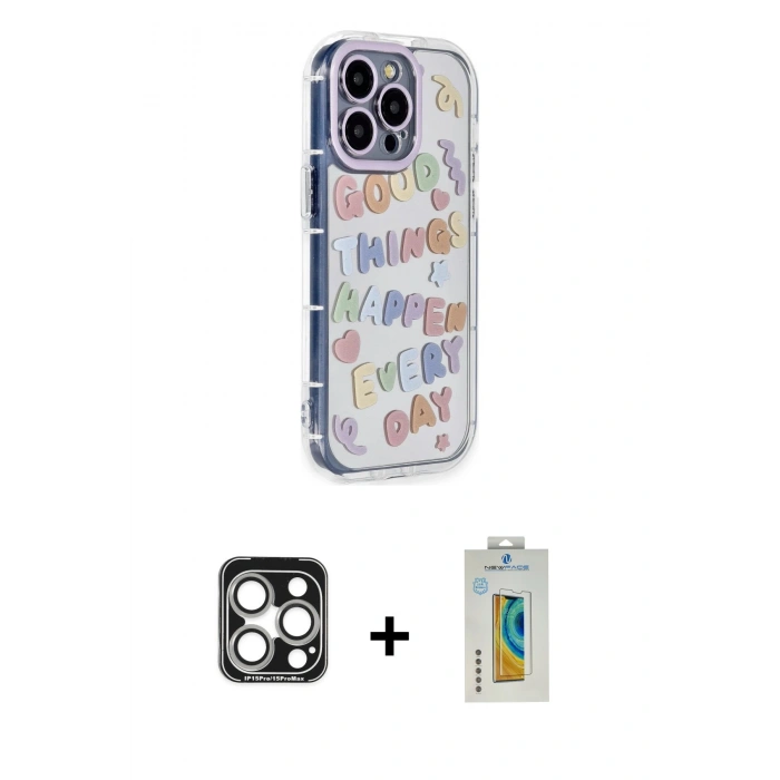 MARSİLYAN™- iPhone 15 Pro Max Kılıf Ahenk Modern Serisi - Siyah Polymer Nano Ekran Koruyucu + PVD Metal Kamera Lens - GS