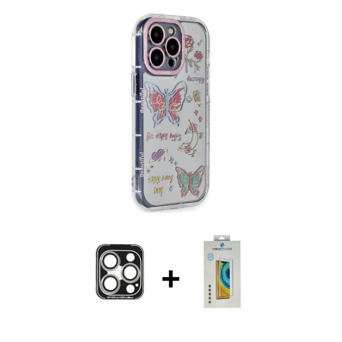 MARSİLYAN™- iPhone 15 Pro Max Kılıf Ahenk Modern Serisi - Siyah Polymer Nano Ekran Koruyucu + PVD Metal Kamera Lens - GS