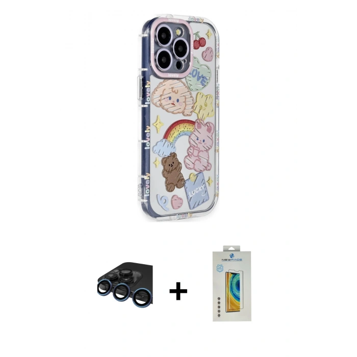 MARSİLYAN™- iPhone 15 Pro Max Kılıf Ahenk Modern Serisi - Siyah Polymer Nano Ekran Koruyucu + Lacivert Raze Metal Kamera Lens