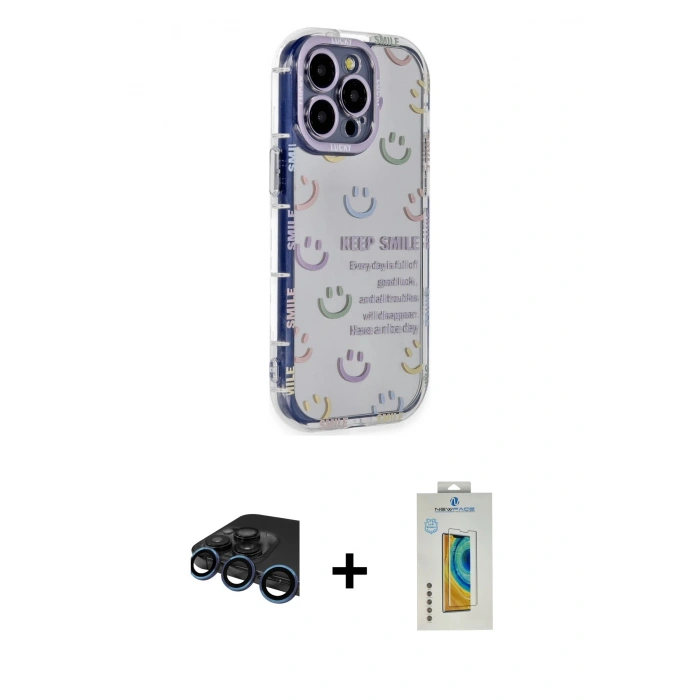 MARSİLYAN™- iPhone 15 Pro Max Kılıf Ahenk Modern Serisi - Siyah Polymer Nano Ekran Koruyucu + Lacivert Raze Metal Kamera Lens
