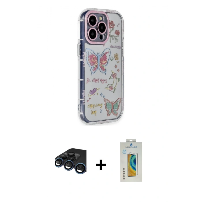 MARSİLYAN™- iPhone 15 Pro Max Kılıf Ahenk Modern Serisi - Siyah Polymer Nano Ekran Koruyucu + Lacivert Raze Metal Kamera Lens