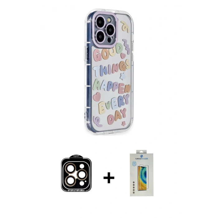 MARSİLYAN™- iPhone 15 Pro Max Kılıf Ahenk Modern Serisi - Siyah Polymer Nano Ekran Koruyucu + PVD Metal Kamera Lens - TU