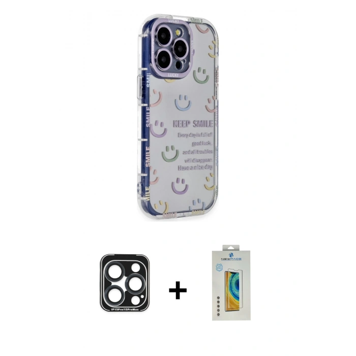MARSİLYAN™- iPhone 15 Pro Max Kılıf Ahenk Modern Serisi - Siyah Polymer Nano Ekran Koruyucu + PVD Metal Kamera Lens - LT