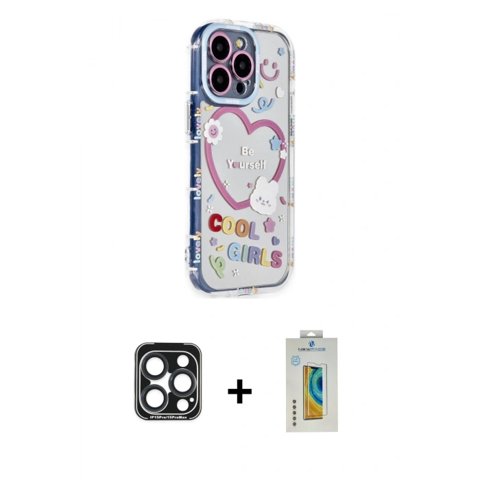MARSİLYAN™- iPhone 15 Pro Max Kılıf Ahenk Modern Serisi - Siyah Polymer Nano Ekran Koruyucu + PVD Metal Kamera Lens - LT