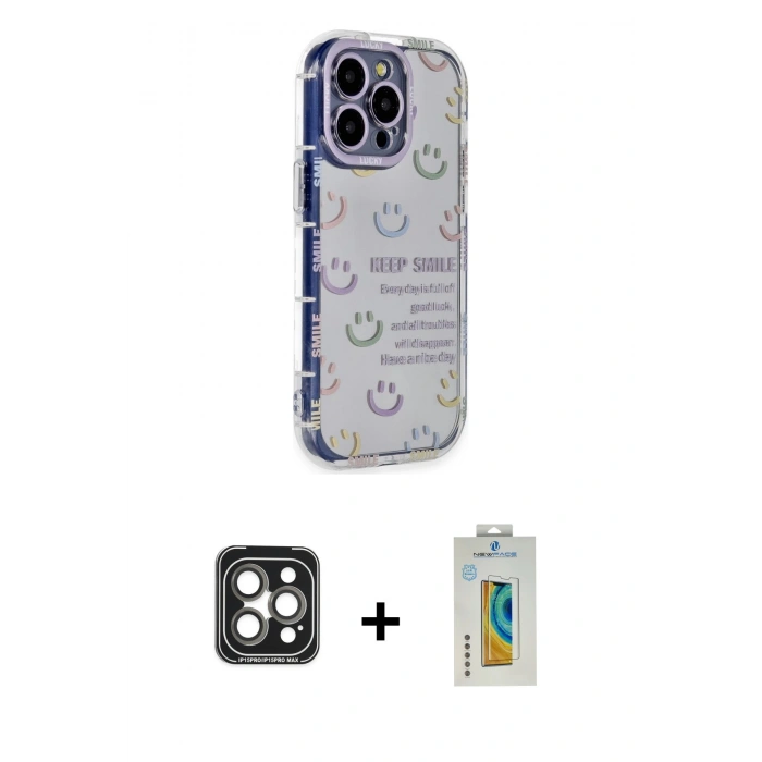 MARSİLYAN™- iPhone 15 Pro Max Kılıf Ahenk Modern Serisi - Siyah Polymer Nano Ekran Koruyucu + PVD Metal Kamera Lens - GI