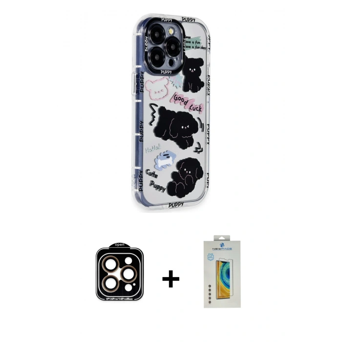MARSİLYAN™- iPhone 15 Pro Max Kılıf Ahenk Modern Serisi - Siyah Polymer Nano Ekran Koruyucu + PVD Metal Kamera Lens - TU
