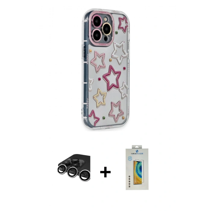 MARSİLYAN™- iPhone 15 Pro Max Kılıf Ahenk Modern Serisi - Siyah Polymer Nano Ekran Koruyucu + Raze Metal Kamera Lens - GS