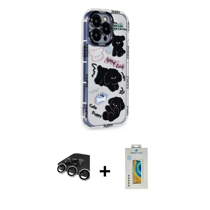 MARSİLYAN™- iPhone 15 Pro Max Kılıf Ahenk Modern Serisi - Siyah Polymer Nano Ekran Koruyucu + Raze Metal Kamera Lens - GS