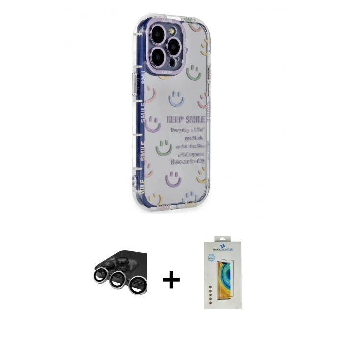 MARSİLYAN™- iPhone 15 Pro Max Kılıf Ahenk Modern Serisi - Siyah Polymer Nano Ekran Koruyucu + Raze Metal Kamera Lens - GS