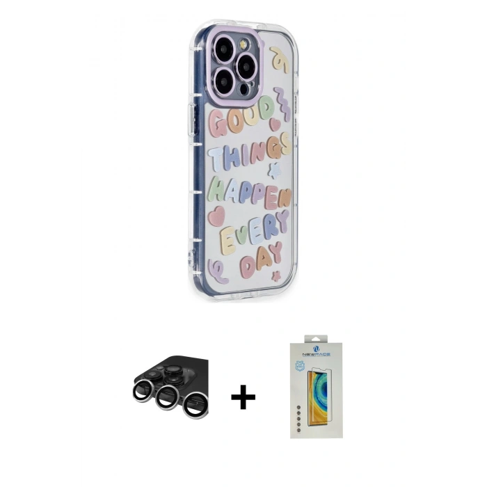 MARSİLYAN™- iPhone 15 Pro Max Kılıf Ahenk Modern Serisi - Siyah Polymer Nano Ekran Koruyucu + Raze Metal Kamera Lens - GS