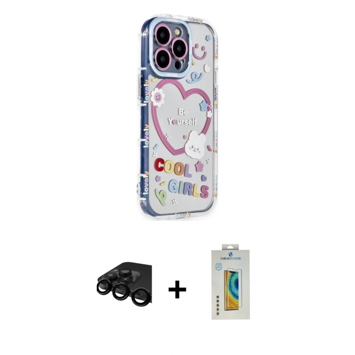 MARSİLYAN™- iPhone 15 Pro Max Kılıf Ahenk Modern Serisi - Siyah Polymer Nano Ekran Koruyucu + Raze Metal Kamera Lens - SH