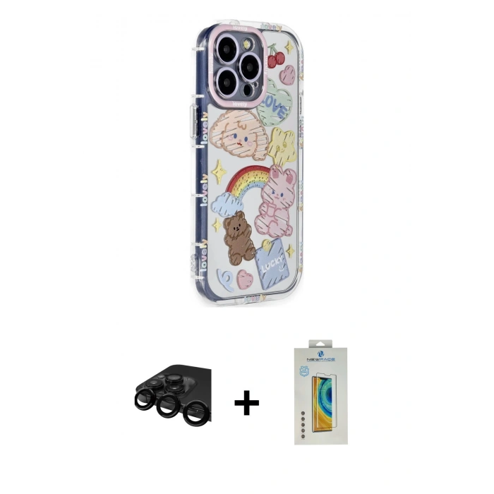 MARSİLYAN™- iPhone 15 Pro Max Kılıf Ahenk Modern Serisi - Siyah Polymer Nano Ekran Koruyucu + Raze Metal Kamera Lens - SH