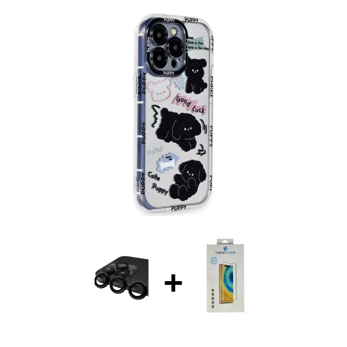 MARSİLYAN™- iPhone 15 Pro Max Kılıf Ahenk Modern Serisi - Siyah Polymer Nano Ekran Koruyucu + Raze Metal Kamera Lens - SH