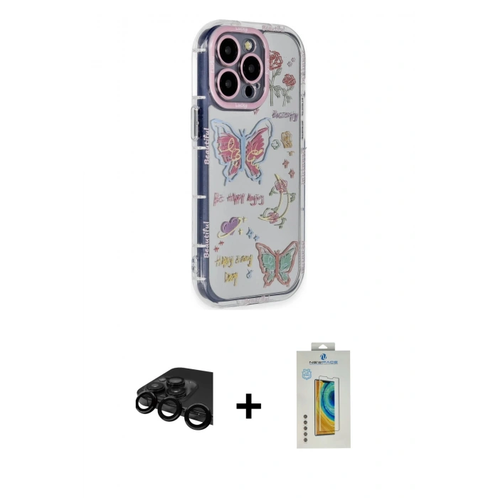 MARSİLYAN™- iPhone 15 Pro Max Kılıf Ahenk Modern Serisi - Siyah Polymer Nano Ekran Koruyucu + Raze Metal Kamera Lens - SH