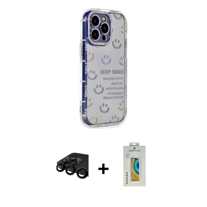 MARSİLYAN™- iPhone 15 Pro Max Kılıf Ahenk Modern Serisi - Siyah Polymer Nano Ekran Koruyucu + Raze Metal Kamera Lens - SH