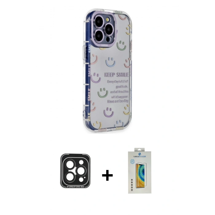 MARSİLYAN™- iPhone 15 Pro Max Kılıf Ahenk Modern Serisi - Siyah Polymer Nano Ekran Koruyucu + Siyah PVD Metal Kamera Lens