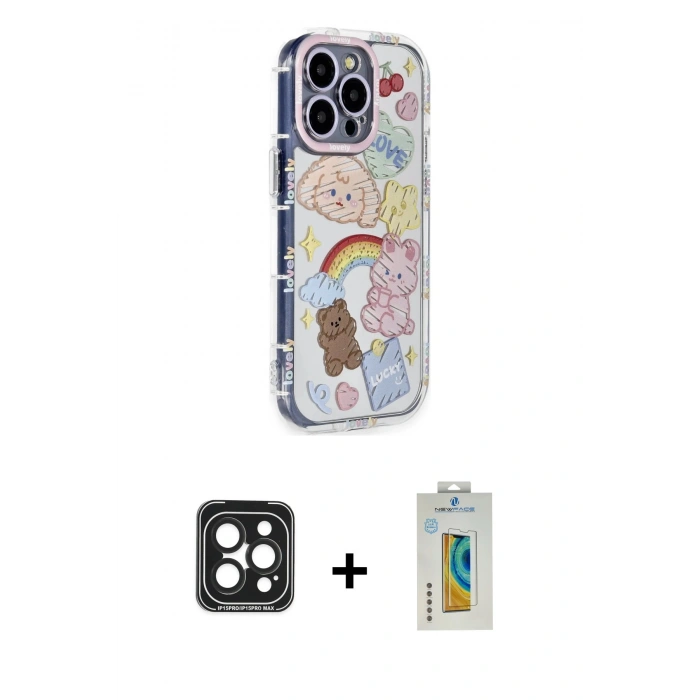 MARSİLYAN™- iPhone 15 Pro Max Kılıf Ahenk Modern Serisi - Siyah Polymer Nano Ekran Koruyucu + Siyah PVD Metal Kamera Lens