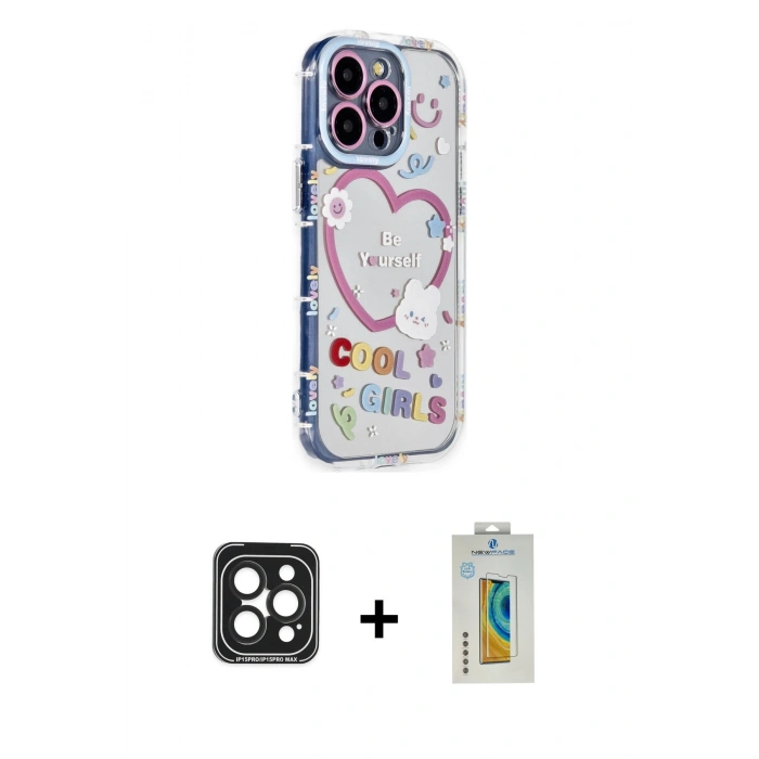 MARSİLYAN™- iPhone 15 Pro Max Kılıf Ahenk Modern Serisi - Siyah Polymer Nano Ekran Koruyucu + Siyah PVD Metal Kamera Lens