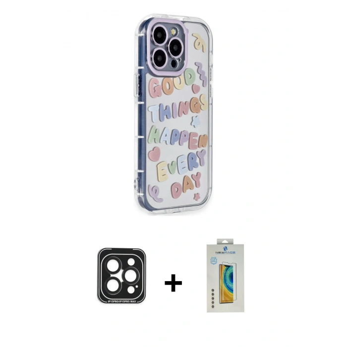 MARSİLYAN™- iPhone 15 Pro Max Kılıf Ahenk Modern Serisi - Siyah Polymer Nano Ekran Koruyucu + Siyah PVD Metal Kamera Lens