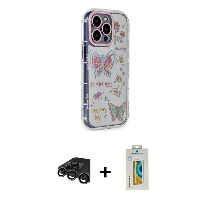 MARSİLYAN™- iPhone 15 Pro Max Kılıf Ahenk Modern Serisi - Siyah Polymer Nano Ekran Koruyucu + Titanyum Gri Raze Metal Kamera Lens