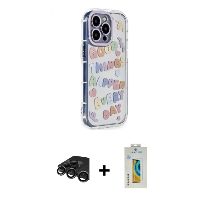 MARSİLYAN™- iPhone 15 Pro Max Kılıf Ahenk Modern Serisi - Siyah Polymer Nano Ekran Koruyucu + Titanyum Gri Raze Metal Kamera Lens
