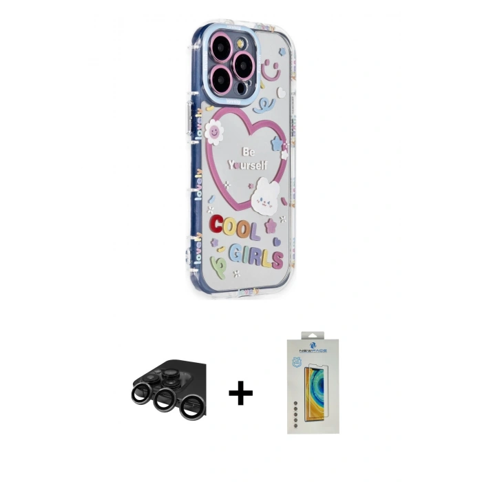 MARSİLYAN™- iPhone 15 Pro Max Kılıf Ahenk Modern Serisi - Siyah Polymer Nano Ekran Koruyucu + Titanyum Gri Raze Metal Kamera Lens