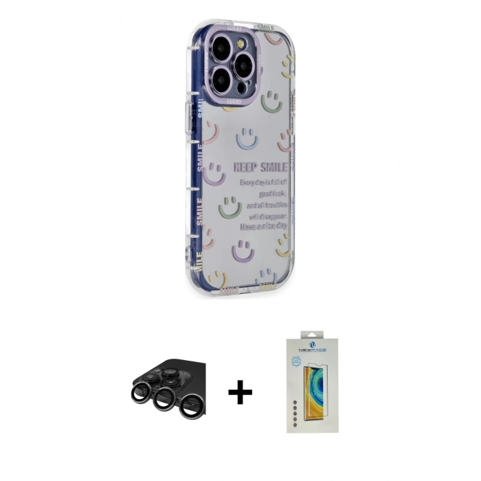 MARSİLYAN™- iPhone 15 Pro Max Kılıf Ahenk Modern Serisi - Siyah Polymer Nano Ekran Koruyucu + Titanyum Gri Raze Metal Kamera Lens