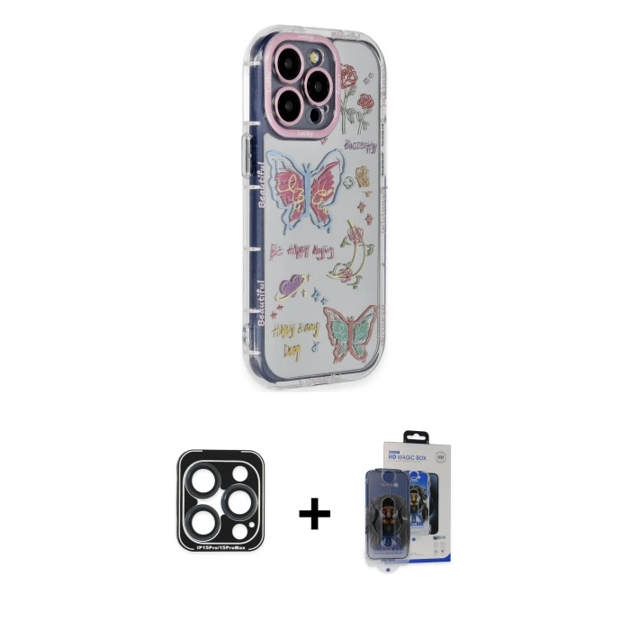 MARSİLYAN™- iPhone 15 Pro Max Kılıf Ahenk Modern Serisi - Siyah Vanessa Magic Cam + PVD Metal Kamera Lens - LT