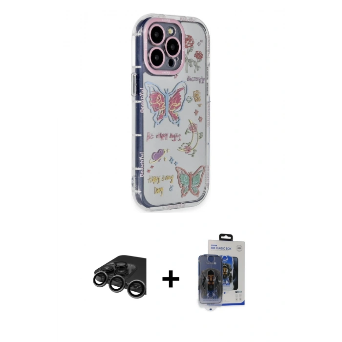 MARSİLYAN™- iPhone 15 Pro Max Kılıf Ahenk Modern Serisi - Siyah Vanessa Magic Cam + Raze Metal Kamera Lens - TMGI