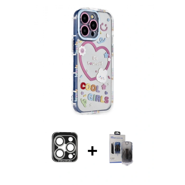 MARSİLYAN™- iPhone 15 Pro Max Kılıf Ahenk Modern Serisi - Siyah Vanessa Magic Hayalet Cam + PVD Metal Kamera Lens - GS