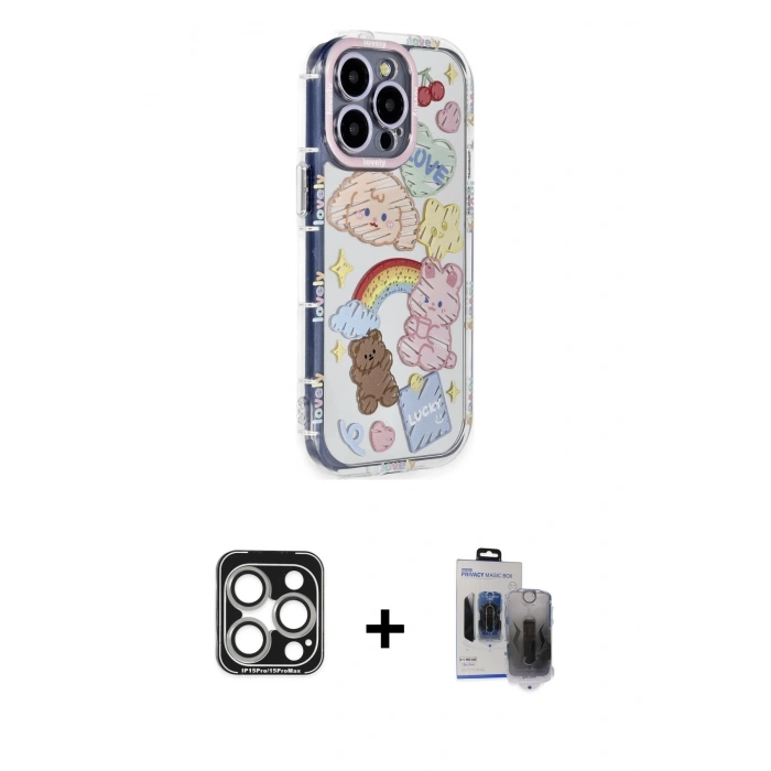MARSİLYAN™- iPhone 15 Pro Max Kılıf Ahenk Modern Serisi - Siyah Vanessa Magic Hayalet Cam + PVD Metal Kamera Lens - GS