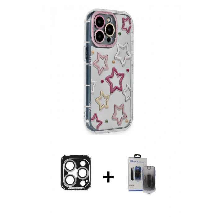 MARSİLYAN™- iPhone 15 Pro Max Kılıf Ahenk Modern Serisi - Siyah Vanessa Magic Hayalet Cam + PVD Metal Kamera Lens - GS