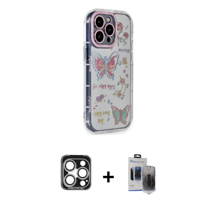 MARSİLYAN™- iPhone 15 Pro Max Kılıf Ahenk Modern Serisi - Siyah Vanessa Magic Hayalet Cam + PVD Metal Kamera Lens - GS