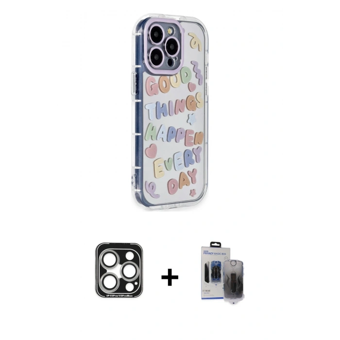 MARSİLYAN™- iPhone 15 Pro Max Kılıf Ahenk Modern Serisi - Siyah Vanessa Magic Hayalet Cam + PVD Metal Kamera Lens - GS