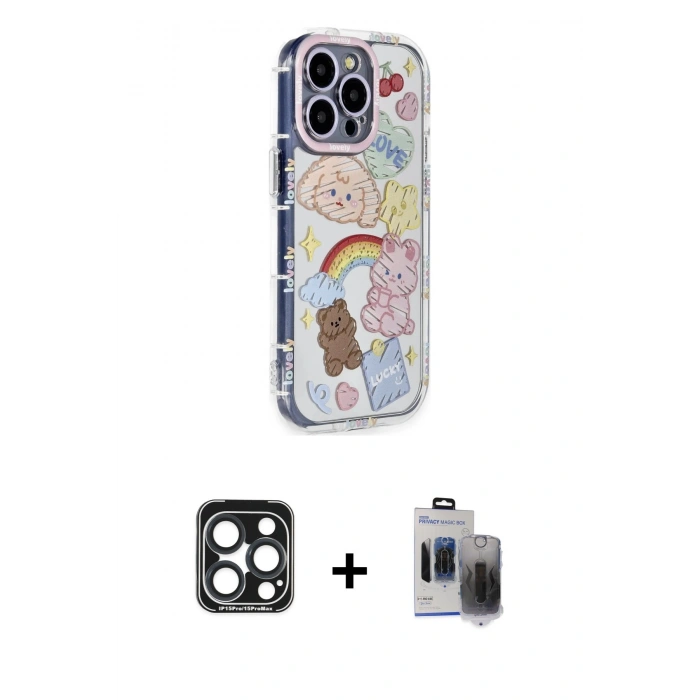 MARSİLYAN™- iPhone 15 Pro Max Kılıf Ahenk Modern Serisi - Siyah Vanessa Magic Hayalet Cam + Lacivert PVD Metal Kamera Lens
