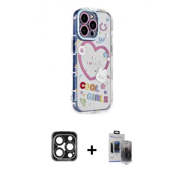 MARSİLYAN™- iPhone 15 Pro Max Kılıf Ahenk Modern Serisi - Siyah Vanessa Magic Hayalet Cam + Lacivert PVD Metal Kamera Lens
