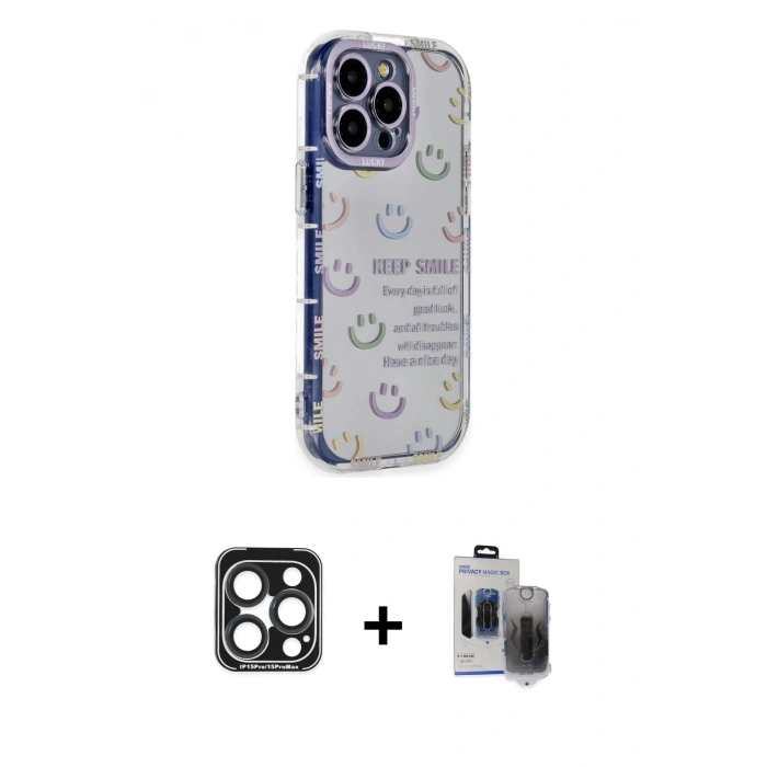 MARSİLYAN™- iPhone 15 Pro Max Kılıf Ahenk Modern Serisi - Siyah Vanessa Magic Hayalet Cam + Lacivert PVD Metal Kamera Lens