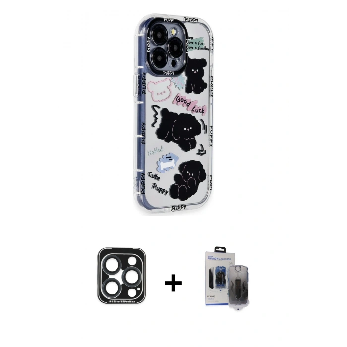 MARSİLYAN™- iPhone 15 Pro Max Kılıf Ahenk Modern Serisi - Siyah Vanessa Magic Hayalet Cam + Lacivert PVD Metal Kamera Lens