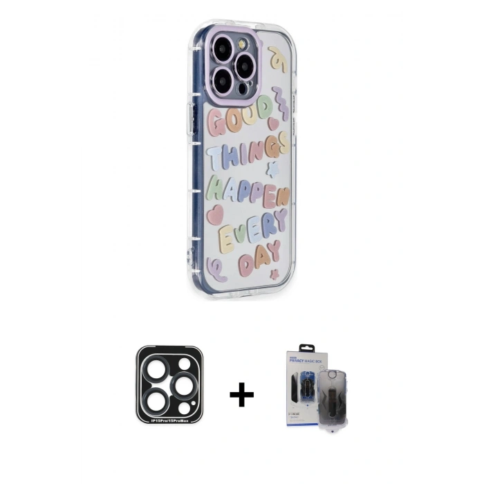 MARSİLYAN™- iPhone 15 Pro Max Kılıf Ahenk Modern Serisi - Siyah Vanessa Magic Hayalet Cam + Lacivert PVD Metal Kamera Lens