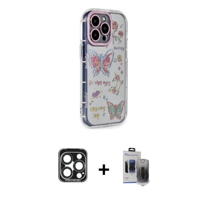 MARSİLYAN™- iPhone 15 Pro Max Kılıf Ahenk Modern Serisi - Siyah Vanessa Magic Hayalet Cam + Lacivert PVD Metal Kamera Lens