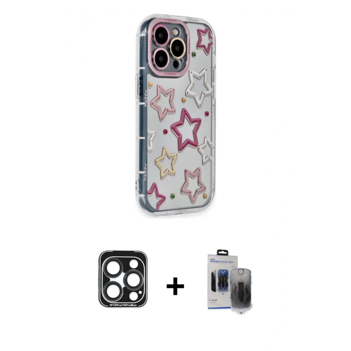 MARSİLYAN™- iPhone 15 Pro Max Kılıf Ahenk Modern Serisi - Siyah Vanessa Magic Hayalet Cam + Lacivert PVD Metal Kamera Lens