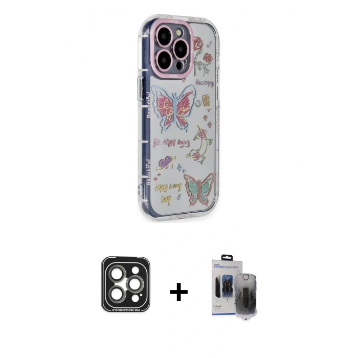 MARSİLYAN™- iPhone 15 Pro Max Kılıf Ahenk Modern Serisi - Siyah Vanessa Magic Hayalet Cam + PVD Metal Kamera Lens - GI