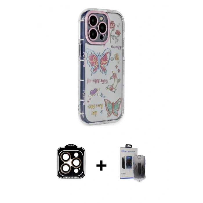 MARSİLYAN™- iPhone 15 Pro Max Kılıf Ahenk Modern Serisi - Siyah Vanessa Magic Hayalet Cam + PVD Metal Kamera Lens - TU