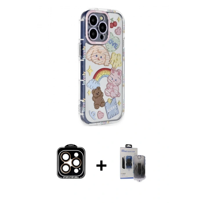 MARSİLYAN™- iPhone 15 Pro Max Kılıf Ahenk Modern Serisi - Siyah Vanessa Magic Hayalet Cam + PVD Metal Kamera Lens - TU