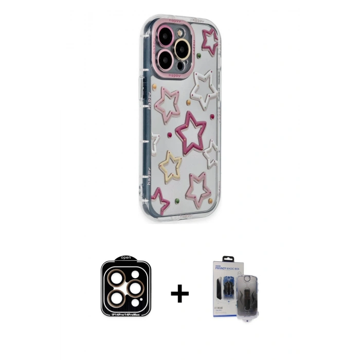 MARSİLYAN™- iPhone 15 Pro Max Kılıf Ahenk Modern Serisi - Siyah Vanessa Magic Hayalet Cam + PVD Metal Kamera Lens - TU
