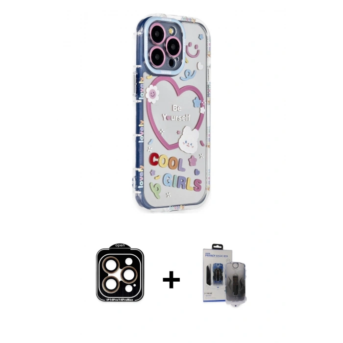 MARSİLYAN™- iPhone 15 Pro Max Kılıf Ahenk Modern Serisi - Siyah Vanessa Magic Hayalet Cam + PVD Metal Kamera Lens - TU