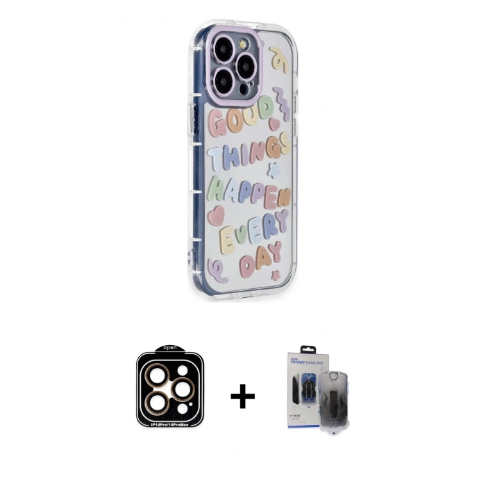 MARSİLYAN™- iPhone 15 Pro Max Kılıf Ahenk Modern Serisi - Siyah Vanessa Magic Hayalet Cam + PVD Metal Kamera Lens - TU