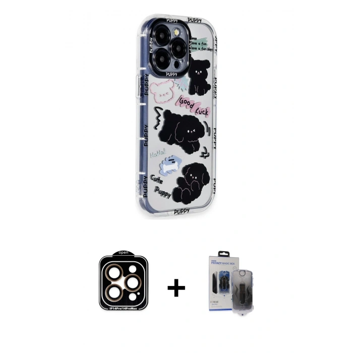MARSİLYAN™- iPhone 15 Pro Max Kılıf Ahenk Modern Serisi - Siyah Vanessa Magic Hayalet Cam + PVD Metal Kamera Lens - TU