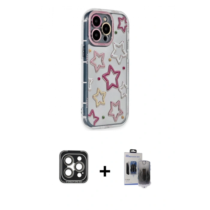 MARSİLYAN™- iPhone 15 Pro Max Kılıf Ahenk Modern Serisi - Siyah Vanessa Magic Hayalet Cam + PVD Metal Kamera Lens - GI