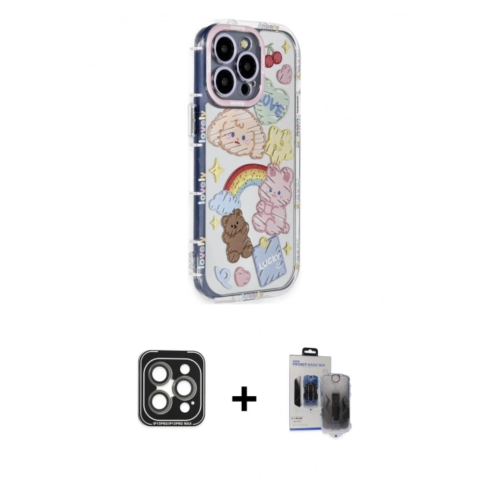 MARSİLYAN™- iPhone 15 Pro Max Kılıf Ahenk Modern Serisi - Siyah Vanessa Magic Hayalet Cam + PVD Metal Kamera Lens - GI